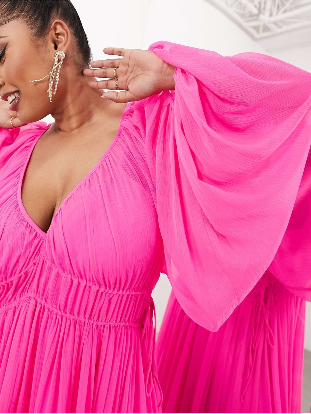 ASOS EDITION Curve ruched gathered waist chiffon maxi dress hot pink size 20 - Picture 3 of 6